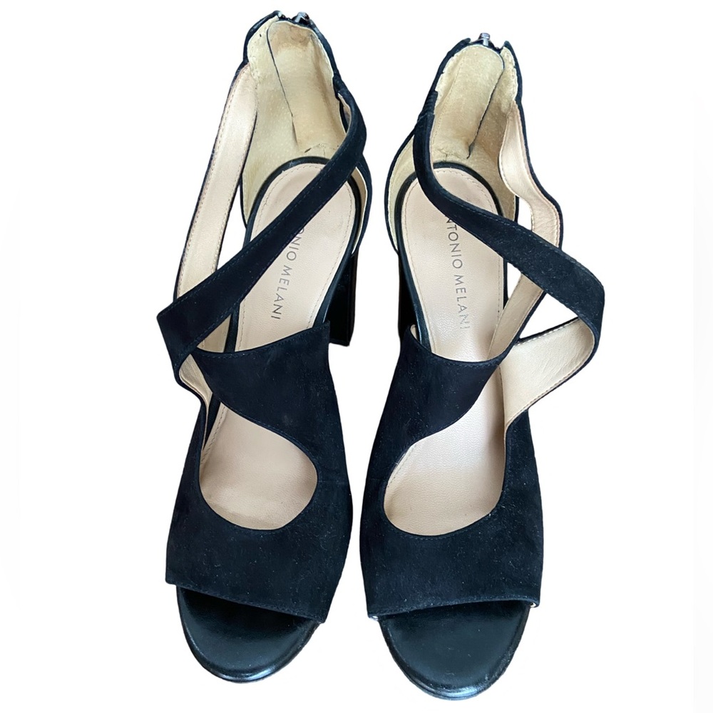 Antonio Melani Shoe Size 9 Black Leather Suede Stacked Block Heel Sandals